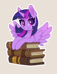 Size: 935x1200 | Tagged: safe, artist:asimos, artist:maytee, imported from derpibooru, twilight sparkle, alicorn, pony, book, bust, collaboration, simple background, solo, spread wings, sticker, twilight sparkle (alicorn), wings