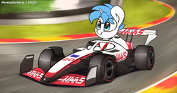 Size: 4096x2160 | Tagged: safe, artist:perezadotarts, imported from derpibooru, oc, oc only, oc:melodic, unicorn, car, circuit de spa francorchamps, driving, f1, f1 car, horn, male, motion blur, motion lines, race track, racecar, racing, smiling, solo, text, unicorn oc