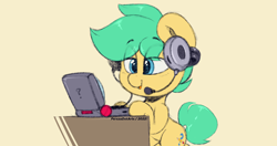Size: 4096x2160 | Tagged: safe, artist:perezadotarts, derpibooru exclusive, imported from derpibooru, oc, oc only, oc:pen sketchy, earth pony, pony, computer, desk, earth pony oc, headset, laptop computer, lidded eyes, male, pony oc, simple background, sketch, smiling, solo, standing, standing on two hooves