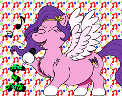 Size: 2500x1966 | Tagged: safe, artist:puffydearlysmith, imported from derpibooru, pipp petals, pegasus, pony, adipipp, belly, chest fluff, chubby, eyes closed, fat, female, g5, jewelry, mare, microphone, music notes, open mouth, singing, solo, spread wings, tiara, wings