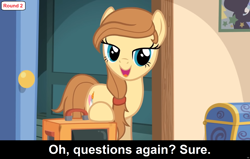 Size: 1920x1224 | Tagged: safe, edit, imported from derpibooru, oc, oc only, oc:cream heart, earth pony, pony, comic:celestia's servant interview, caption, cs captions, female, image macro, interview, mare, solo, text