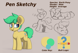 Size: 7760x5240 | Tagged: safe, artist:perezadotarts, imported from derpibooru, oc, oc only, oc:pen sketchy, earth pony, pony, :p, colt, cutie mark, earth pony oc, foal, male, pony oc, reference sheet, simple background, sketch, solo, tongue out