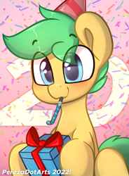 Size: 4240x5760 | Tagged: safe, artist:perezadotarts, imported from derpibooru, oc, oc only, oc:pen sketchy, earth pony, pony, birthday, blushing, confetti, earth pony oc, hat, party hat, party horn, pony oc, present, simple background, sitting, smiling, solo, text