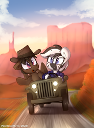 Size: 3240x4400 | Tagged: safe, artist:perezadotarts, imported from derpibooru, oc, oc only, pegasus, pony, zebra, car, clothes, cowboy hat, determined look, driving, hat, jeep, motion blur, motion lines, overalls, pegasus oc, pony oc, road, scared, sky, text, vehicle, zebra oc