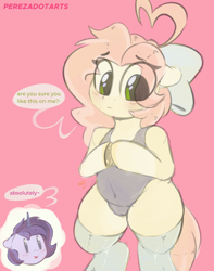 Size: 2990x3800 | Tagged: safe, artist:perezadotarts, imported from derpibooru, oc, oc only, pegasus, unicorn, belly button, blushing, bow, clothes, female, hair bow, hooves together, horn, looking down, male, one-piece swimsuit, pegasus oc, shipping, shy, simple background, socks, speech bubble, straight, swimsuit, text, thick, unicorn oc
