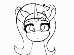 Size: 560x420 | Tagged: safe, artist:darbedarmoc, imported from derpibooru, oc, oc:minerva, pony, unicorn, animated, curious, gif, looking at you, male, sketch, solo, text, trap