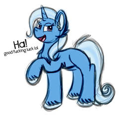 Size: 611x566 | Tagged: safe, artist:tricks-up-my-sleeve, imported from derpibooru, trixie, pony, unicorn, colored sketch, open mouth, open smile, raised hoof, simple background, sketch, smiling, solo, vulgar, white background