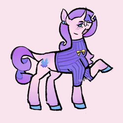 Size: 1280x1280 | Tagged: safe, artist:sillyfillies, imported from derpibooru, rarity, pony, unicorn, clothes, colored hooves, ear piercing, earring, glasses, jewelry, piercing, pink background, redesign, simple background, solo, sweater