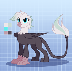 Size: 3000x2964 | Tagged: safe, alternate version, artist:nika-rain, imported from derpibooru, oc, oc only, griffon, cute, female, gradient background, griffon oc, reference sheet, show accurate, solo