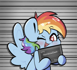 Size: 1321x1196 | Tagged: safe, artist:typhwosion, imported from derpibooru, part of a set, rainbow dash, pegasus, pony, barbie mugshot meme, cute, cute little fangs, fangs, meme, mugshot, parody, solo, wingding eyes