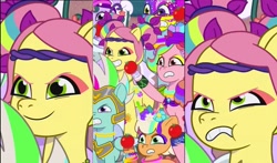 Size: 1297x762 | Tagged: safe, imported from derpibooru, screencap, earth pony, pegasus, unicorn, spoiler:g5, spoiler:my little pony: tell your tale, spoiler:tyts01e56, alternate hairstyle, angry, bean mouth, diva and conquer, evil grin, female, filly, foal, food, frown, g5, grin, male, mare, mohawk, my little pony: tell your tale, peach fizz, pegasus royal guard, pippsqueaks, posey bloom, posey bloom is not amused, royal guard, smiling, stallion, thunder flap, tomato, unamused, windy (g5), youtube shorts