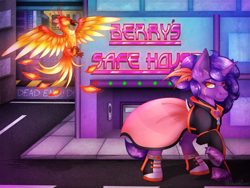 Size: 4000x3000 | Tagged: safe, artist:chvrchgrim, imported from derpibooru, oc, oc only, oc:berry blast, oc:faraday, bird, cyborg, phoenix, pony, unicorn, background, beak, building, city, cityscape, clothes, commission, converse, cyber, cybernetic eyes, cyberpunk, detailed background, dress, duo, female, finished commission, glowing, horn, jacket, mare, open beak, open mouth, purple mane, raised hoof, retrowave, shiny mane, shoes, smiling, spread wings, synthwave, talons, unicorn oc, unshorn fetlocks, wings