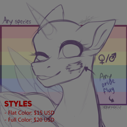 Size: 1000x1000 | Tagged: safe, artist:sparkie45, imported from derpibooru, oc, alicorn, earth pony, hybrid, original species, pegasus, pony, unicorn, commission, pride flag, solo, ych sketch, your character here