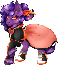 Size: 1926x2142 | Tagged: safe, artist:chvrchgrim, imported from derpibooru, oc, oc only, oc:berry blast, pony, unicorn, augmented, clothes, commission, converse, cybernetic eyes, cyberpunk, dress, feather, jacket, long sleeves, orange eyes, ponytail, purple hair, raised hoof, shiny mane, shoes, simple background, smiling, solo, transparent background, unshorn