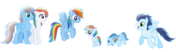 Size: 774x230 | Tagged: safe, artist:selecteddash, imported from derpibooru, rainbow dash, soarin', oc, oc:ragtag, oc:shooting star, pegasus, pony, female, male, offspring, parent:rainbow dash, parent:soarin', parents:soarindash, shipping, siblings, simple background, soarindash, straight, twins, white background