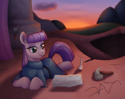 Size: 2200x1750 | Tagged: safe, artist:swasfews, imported from derpibooru, maud pie, earth pony, pony, clothes, dress, female, looking at something, lying down, mare, pickaxe, prone, smiling, solo, sunset, when she smiles