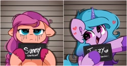 Size: 3464x1819 | Tagged: safe, artist:kittyrosie, imported from derpibooru, izzy moonbow, sunny starscout, earth pony, pony, unicorn, barbie, barbie mugshot meme, cute, duo, female, g5, heart, izzybetes, makeup, mare, meme, mugshot, open mouth, running makeup, sunny starscout is not amused, unamused, unshorn fetlocks