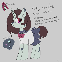 Size: 1280x1280 | Tagged: safe, alternate version, artist:metaruscarlet, imported from derpibooru, oc, oc only, oc:becky moonlight, pony, unicorn, clothes, female, glowing, glowing horn, gray background, hair over one eye, horn, japanese, magic, mare, reference sheet, school uniform, shirt, simple background, skirt, solo