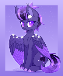 Size: 1780x2150 | Tagged: safe, artist:kripta, imported from derpibooru, oc, oc only, oc:shadow galaxy, pegasus, pony, chest fluff, commission, cute, ethereal mane, female, flower, flower in hair, folded wings, gradient background, hooves, mare, smiling, solo, starry mane, starry tail, tail, unshorn fetlocks, wings, ych result