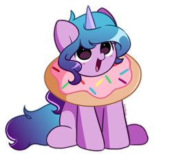 Size: 772x692 | Tagged: safe, artist:kittyrosie, edit, editor:dematrix-edit, imported from derpibooru, izzy moonbow, pony, unicorn, cute, daaaaaaaaaaaw, donut, female, food, g5, happy, high res, izzybetes, mare, open mouth, open smile, signature, simple background, sitting, smiling, solo, transparent background