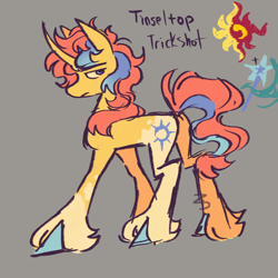 Size: 1280x1280 | Tagged: safe, artist:sillyfillies, imported from derpibooru, oc, oc only, oc:tinselstop trickshot, pony, unicorn, colored hooves, curved horn, gray background, horn, magical lesbian spawn, next generation, offspring, parent:sunset shimmer, parent:trixie, parents:suntrix, simple background, solo, unicorn oc, unshorn fetlocks