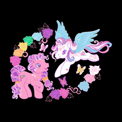Size: 500x500 | Tagged: safe, imported from derpibooru, skywishes, star catcher, butterfly, earth pony, pegasus, pony, black background, duo, duo female, female, flower, g3, hasbro, implied lesbian, lgbt, official, pride month, rainbow colors, shipping, shipping fuel, simple background, t shirt design