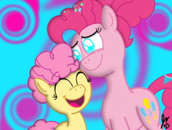 Size: 2160x1620 | Tagged: safe, artist:jesslmc16, imported from derpibooru, li'l cheese, pinkie pie, earth pony, pony, the last problem, colt, digital, digital art, digital drawing, eyes closed, female, foal, male, mare, mother, mother and child, mother and son, open mouth, open smile, procreate app, smiling, spiral