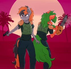 Size: 4048x3932 | Tagged: safe, artist:tarhoon sunflare, imported from derpibooru, oc, oc only, oc:kelly foster, oc:tarhoon sunflare, anthro, anthro oc, chainsaw, dawn, hotline miami, miami, moon, palm tree, simple background, tree, weapon, west