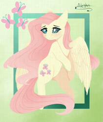 Size: 811x960 | Tagged: safe, artist:mix2546, imported from derpibooru, fluttershy, pegasus, pony, blushing, cutie mark background, female, mare, signature, smiling, solo, tail, windswept mane, windswept tail