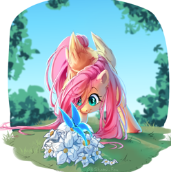 Size: 1160x1168 | Tagged: safe, artist:wolfythewolf555, imported from derpibooru, fluttershy, butterfly, pegasus, pony, cute, eye clipping through hair, female, flower, looking at something, mare, shyabetes, solo