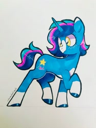 Size: 1536x2048 | Tagged: safe, artist:chunchalunch, imported from derpibooru, oc, oc only, oc:nova, pony, unicorn, coat markings, concave belly, freckles, hooves, looking back, marker drawing, pale belly, socks (coat markings), solo, traditional art, turned head