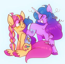 Size: 1024x1000 | Tagged: safe, artist:chunchalunch, imported from derpibooru, izzy moonbow, sunny starscout, earth pony, pony, unicorn, duo, duo female, eyes closed, female, g5, happy, looking at each other, looking at someone, mare, sitting, smiling