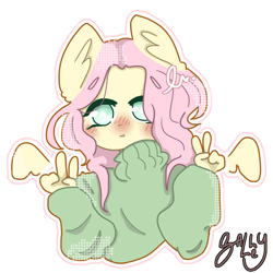 Size: 1000x1000 | Tagged: safe, artist:peachyrus, imported from derpibooru, fluttershy, anthro, blushing, clothes, female, mare, outline, peace sign, simple background, solo, spread wings, sweater, sweatershy, white background, wings