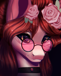 Size: 4000x5000 | Tagged: safe, artist:minckies, imported from derpibooru, oc, oc only, earth pony, pony, bust, choker, earth pony oc, flower, flower in hair, glasses, rose, smiling, solo