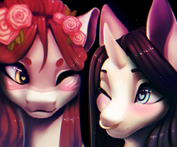 Size: 6000x5000 | Tagged: safe, artist:minckies, imported from derpibooru, oc, oc only, earth pony, pony, unicorn, blushing, duo, earth pony oc, female, flower, flower in hair, horn, mare, nose piercing, nose ring, one eye closed, piercing, rose, smiling, unicorn oc, wink