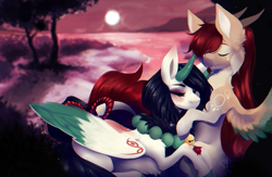 Size: 1841x1200 | Tagged: safe, artist:minckies, imported from derpibooru, oc, oc only, alicorn, pony, alicorn oc, cloud, duo, full moon, horn, horns, jewelry, moon, necklace, outdoors, pearl necklace, sleeping, snuggling, tree, wings