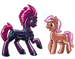 Size: 1280x1008 | Tagged: safe, artist:likeshine, imported from twibooru, tempest shadow, oc, oc:maple gleam, latex pony, original species, pony, rubber pony, duo, female, image, latex, latex skin, looking at each other, mare, png, rubber, simple background, transformation, white background