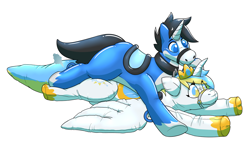 Size: 1280x800 | Tagged: safe, artist:rawr, imported from twibooru, oc, oc only, oc:princess toytime, oc:skyler, alicorn, inflatable pony, pony, pooltoy pony, unicorn, deflation, duo, female, image, inflatable, male, mare, png, pool toy, seams, simple background, stallion, transparent background