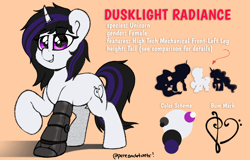 Size: 2560x1640 | Tagged: safe, artist:perezadotarts, imported from derpibooru, oc, oc only, oc:dusklight radiance, cyborg, cyborg pony, pony, unicorn, amputee, colored, cutie mark, looking at you, prosthetic leg, prosthetic limb, prosthetics, reference sheet, robotic arm, simple background, smiling, solo, text