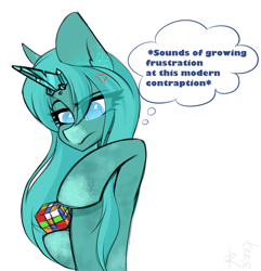 Size: 1589x1648 | Tagged: safe, artist:rinteen, imported from derpibooru, oc, oc only, oc:allira, crystal pony, pony, caption, crystal pony oc, female, frustrated, mare, rubik's cube, simple background, solo, text, white background