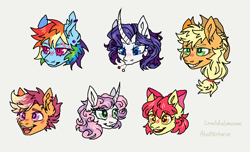 Size: 820x498 | Tagged: safe, artist:ask-trans-scoots, imported from derpibooru, apple bloom, applejack, rainbow dash, rarity, scootaloo, sweetie belle, earth pony, pegasus, unicorn, blushing, cutie mark crusaders, dyed mane, ear piercing, female, group, head only, male, mouth hold, open mouth, piercing, scar, simple background, smiling, trans male, transgender
