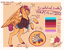 Size: 2048x1606 | Tagged: safe, artist:ask-trans-scoots, imported from derpibooru, scootaloo, pegasus, pony, alternate cutie mark, bandage, clothes, dyed mane, ear piercing, english, female to male, hoodie, male, piercing, reference sheet, rule 63, scar, scooteroll, self harm, self harm scars, smiling, solo, standing on two hooves, teenager, trans male, transgender, tumblr:ask trans scootaloo, wings
