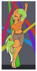 Size: 1362x2575 | Tagged: safe, artist:ponynamedmixtape, imported from derpibooru, oc, oc only, oc:warm winds, anthro, earth pony, unguligrade anthro, clothes, dancing, female, hoof shoes, midriff, one eye closed, shoes, shorts, simple background, solo, wink