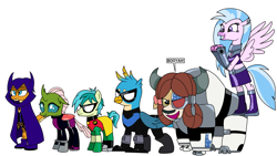 Size: 3751x2119 | Tagged: safe, edit, editor:crisx284, imported from derpibooru, gallus, ocellus, sandbar, silverstream, smolder, yona, cyborg, beast boy, cloven hooves, dc comics, nightwing, raven (dc comics), robin, simple background, starfire, student six, teen titans, white background