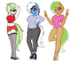 Size: 3613x3090 | Tagged: safe, artist:ponynamedmixtape, imported from derpibooru, oc, oc only, oc:araceli chrysanthemum, oc:keylime curio, oc:warm winds, anthro, earth pony, unguligrade anthro, unicorn, arm behind head, armpits, clothes, converse, double peace sign, female, females only, garter belt, garters, hoof shoes, midriff, pants, peace sign, shoes, simple background, skirt, stockings, thigh highs, trio, trio female, white background