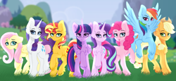 Size: 5000x2300 | Tagged: safe, artist:kiracatastic, imported from derpibooru, applejack, fluttershy, pinkie pie, rainbow dash, rarity, starlight glimmer, sunset shimmer, twilight sparkle, alicorn, earth pony, pegasus, pony, unicorn, cheek fluff, chest fluff, female, grass, group shot, line-up, mane six, mare, smiling, twilight sparkle (alicorn), unshorn fetlocks