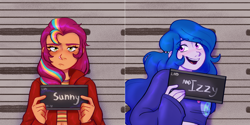 Size: 6000x3000 | Tagged: safe, artist:starsbursts, imported from derpibooru, izzy moonbow, sunny starscout, equestria girls, barbie, barbie mugshot meme, clothes, duo, equestria girls-ified, female, g5, g5 to equestria girls, generation leap, jacket, meme, midriff, mugshot, my little pony: a new generation, open mouth, prediction, reference, sunny starscout is not amused, sweater, unamused