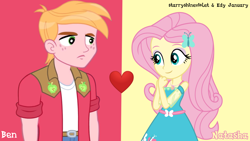 Size: 1920x1080 | Tagged: safe, artist:edy_january, artist:starryshineviolet, imported from derpibooru, big macintosh, fluttershy, human, series:romantic and jackass, series:romantic stories, equestria girls, duo, female, fluttermac, fluttershy boho dress, geode of fauna, link in description, love, magical geodes, male, red background, romance, romantic, shipping, simple background, straight, vector used, wallpaper, yellow background