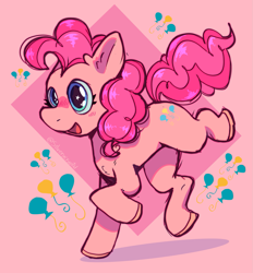 Size: 1897x2048 | Tagged: safe, artist:silverycryptid, imported from derpibooru, pinkie pie, earth pony, pony, colored, cute, diapinkes, digital art, female, happy, mare, open mouth, open smile, raised hoof, raised leg, simple background, smiling, solo, trotting