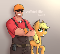 Size: 3200x2900 | Tagged: safe, artist:zeffdakilla, imported from derpibooru, applejack, earth pony, human, pony, belt, clothes, crossed arms, crossover, duo, engineer, goggles, hat, helmet, looking at each other, looking at someone, overalls, raised hoof, smiling, smiling at each other, standing, team fortress 2